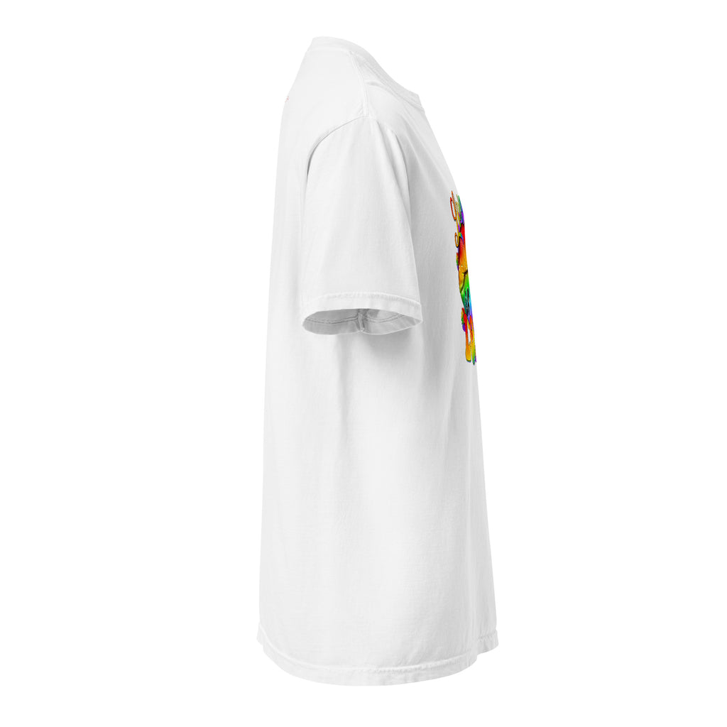 Cachy’s Urban white t-shirt with rainbow “Love” graphic featuring flags and raised fist, available in multiple colours