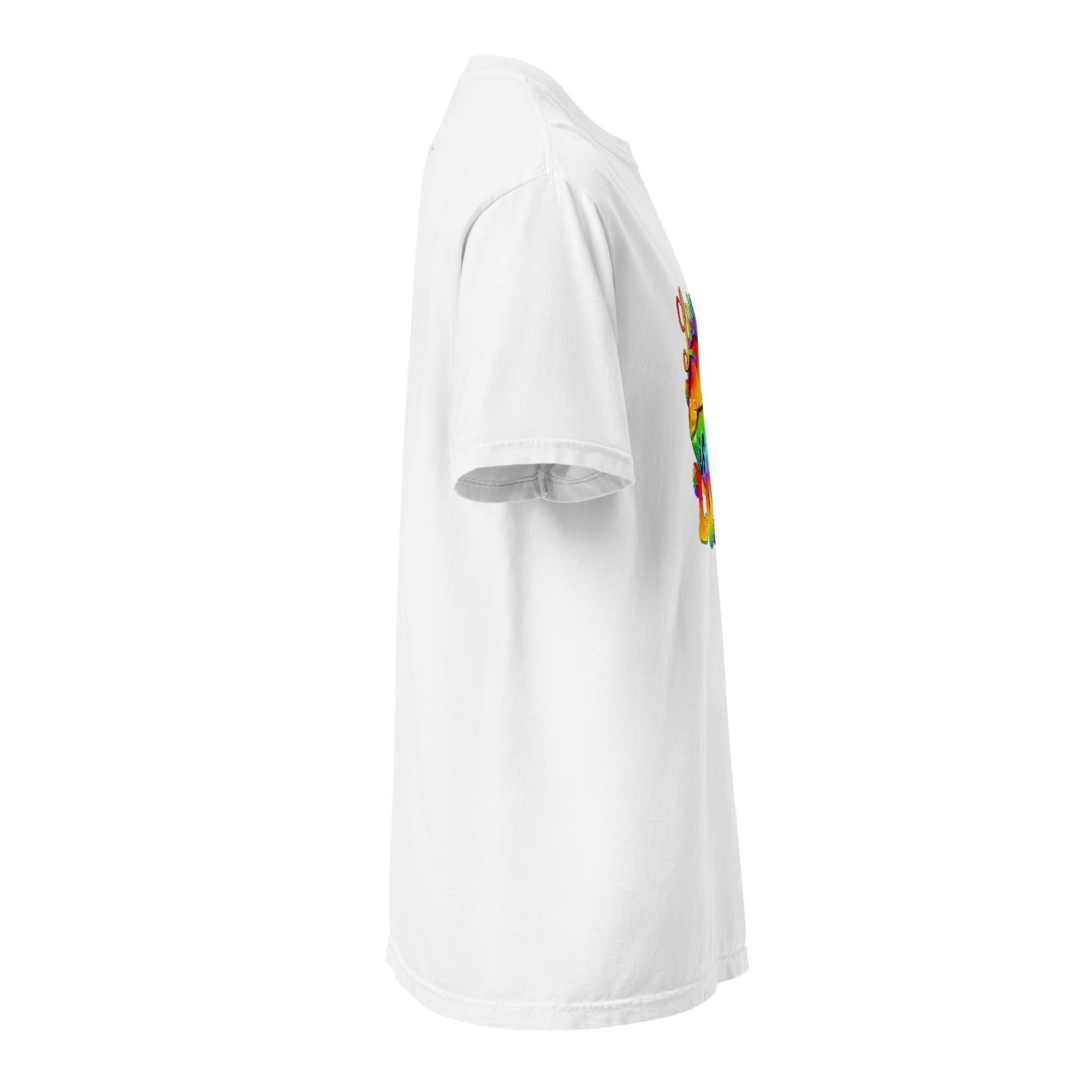 Cachy’s Urban white t-shirt with rainbow “Love” graphic featuring flags and raised fist, available in multiple colours