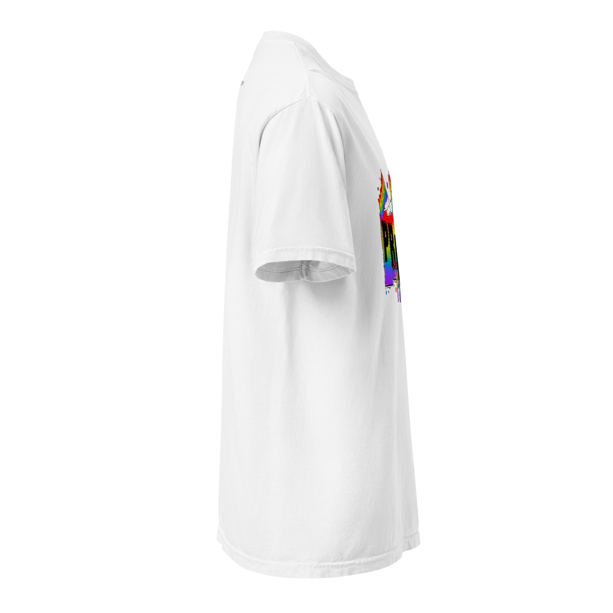 Cachy’s Urban white t-shirt with rainbow “Pride Tribe” graphic featuring flags and raised fist, available in multiple colours