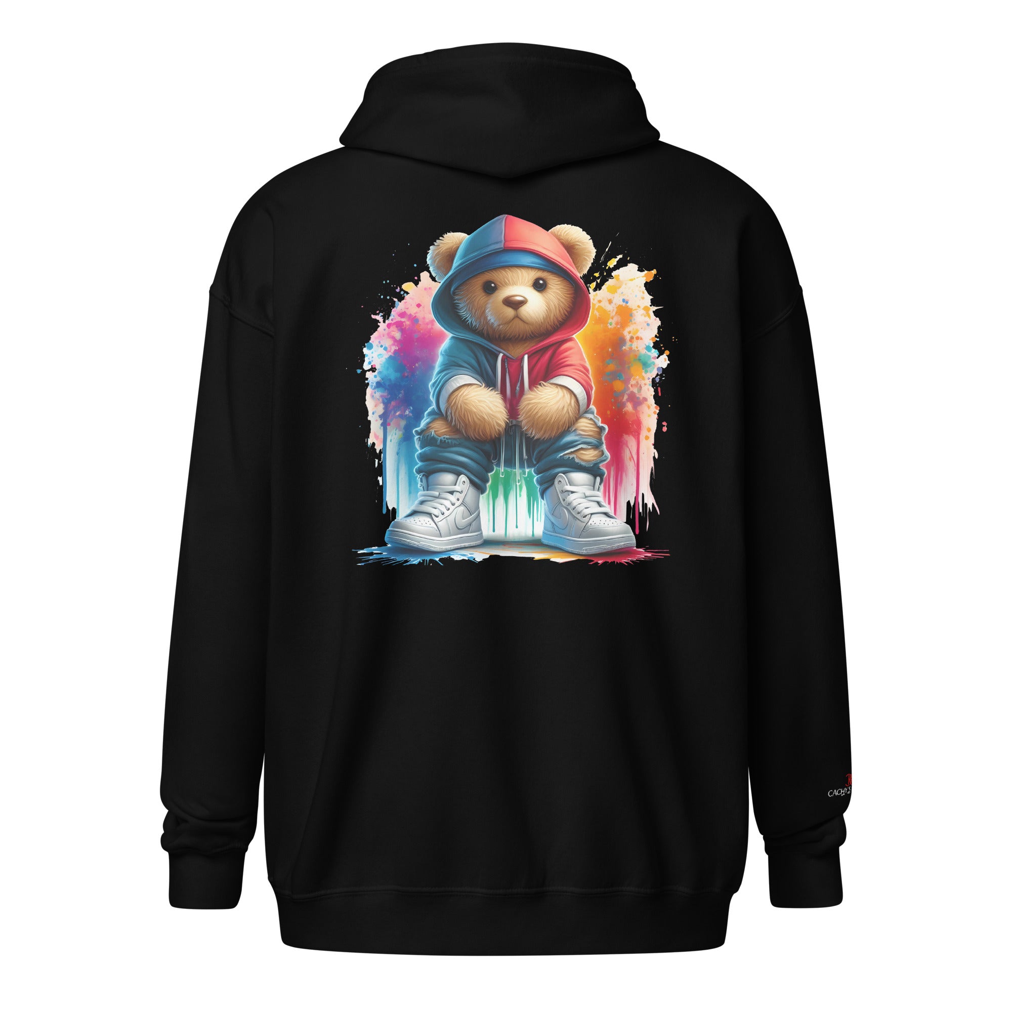 Cachy’s Urban hoodie with streetwear teddy bear in red hoodie and sneakers graphic design on the back