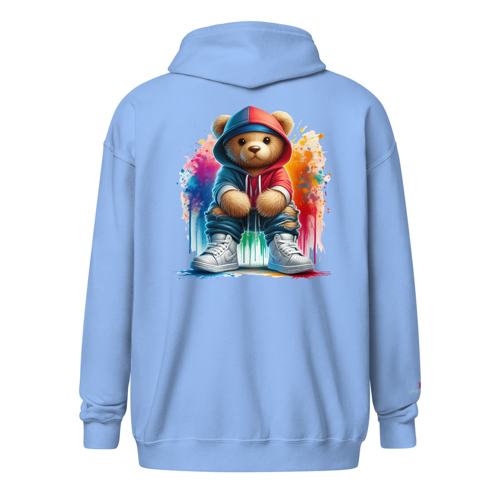 Cachy’s Urban hoodie with streetwear teddy bear in red hoodie and sneakers graphic design on the back