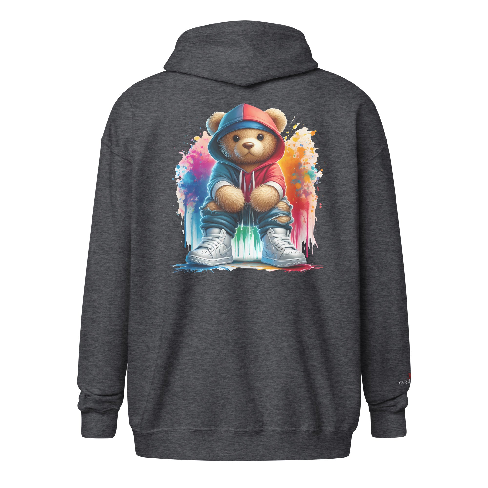 Cachy’s Urban hoodie with streetwear teddy bear in red hoodie and sneakers graphic design on the back