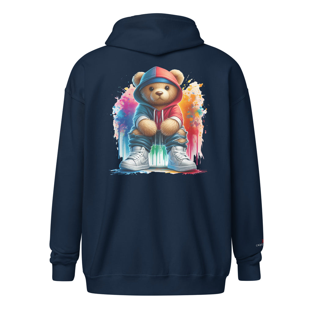 Cachy’s Urban hoodie with streetwear teddy bear in red hoodie and sneakers graphic design on the back