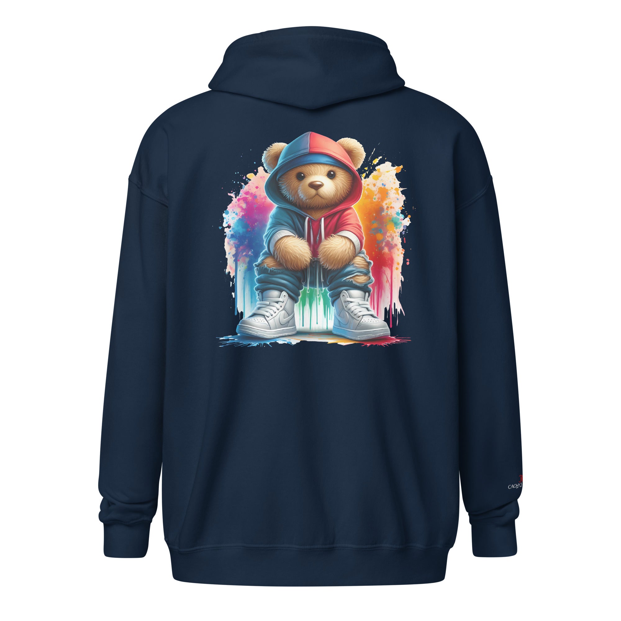 Cachy’s Urban hoodie with streetwear teddy bear in red hoodie and sneakers graphic design on the back