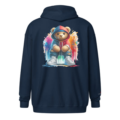 Cachy’s Urban hoodie with streetwear teddy bear in red hoodie and sneakers graphic design on the back