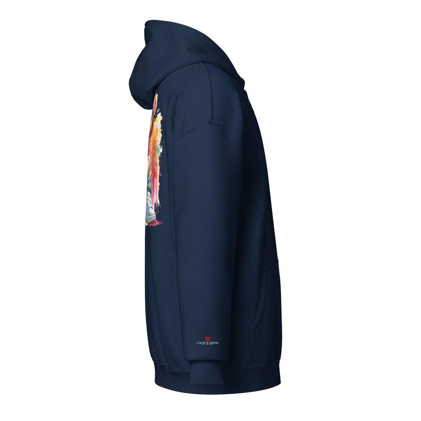 Cachy’s Urban hoodie with streetwear teddy bear in red hoodie and sneakers graphic design on the back