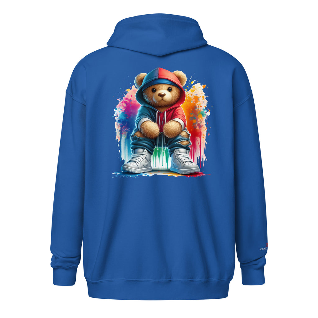 Cachy’s Urban hoodie with streetwear teddy bear in red hoodie and sneakers graphic design on the back
