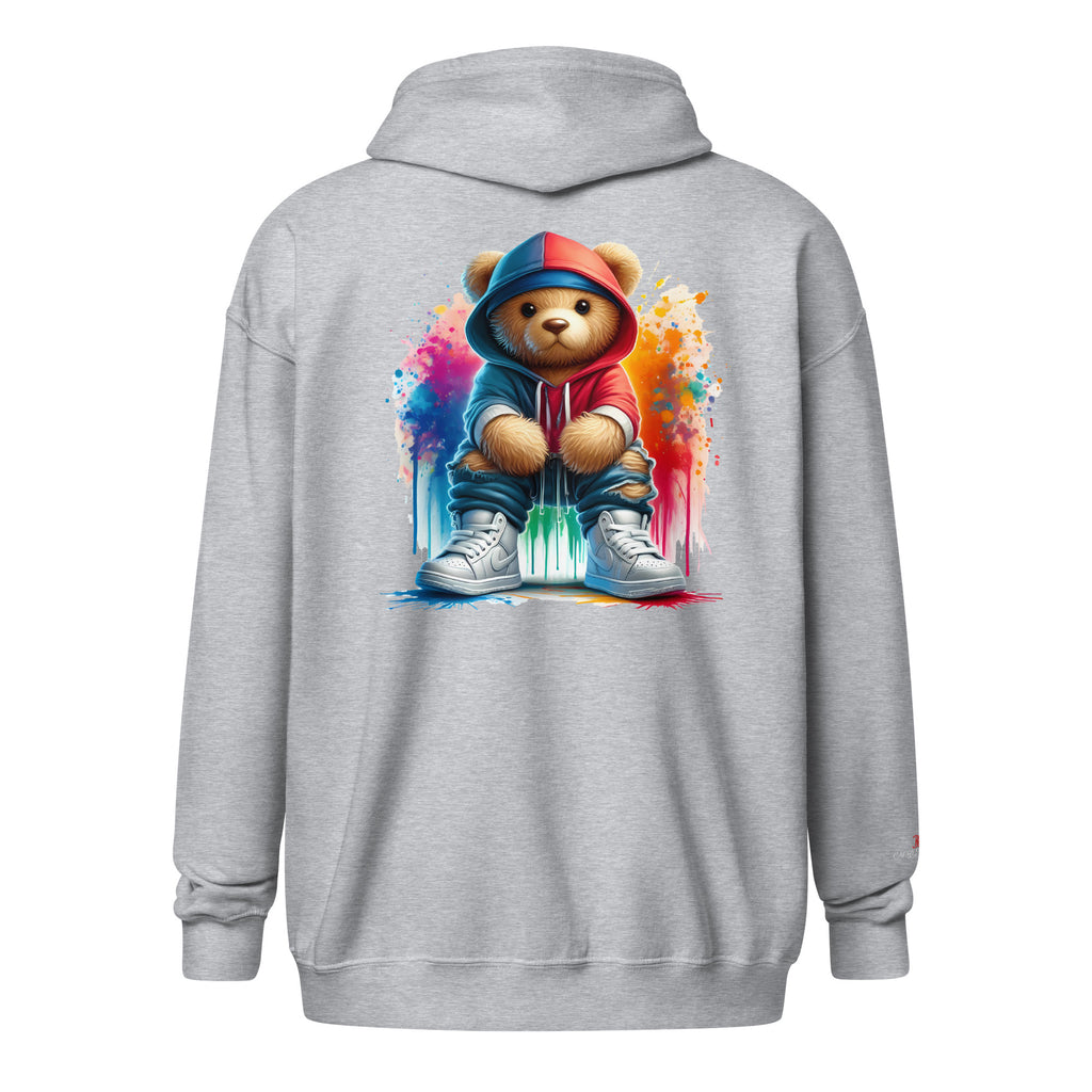 Cachy’s Urban hoodie with streetwear teddy bear in red hoodie and sneakers graphic design on the back