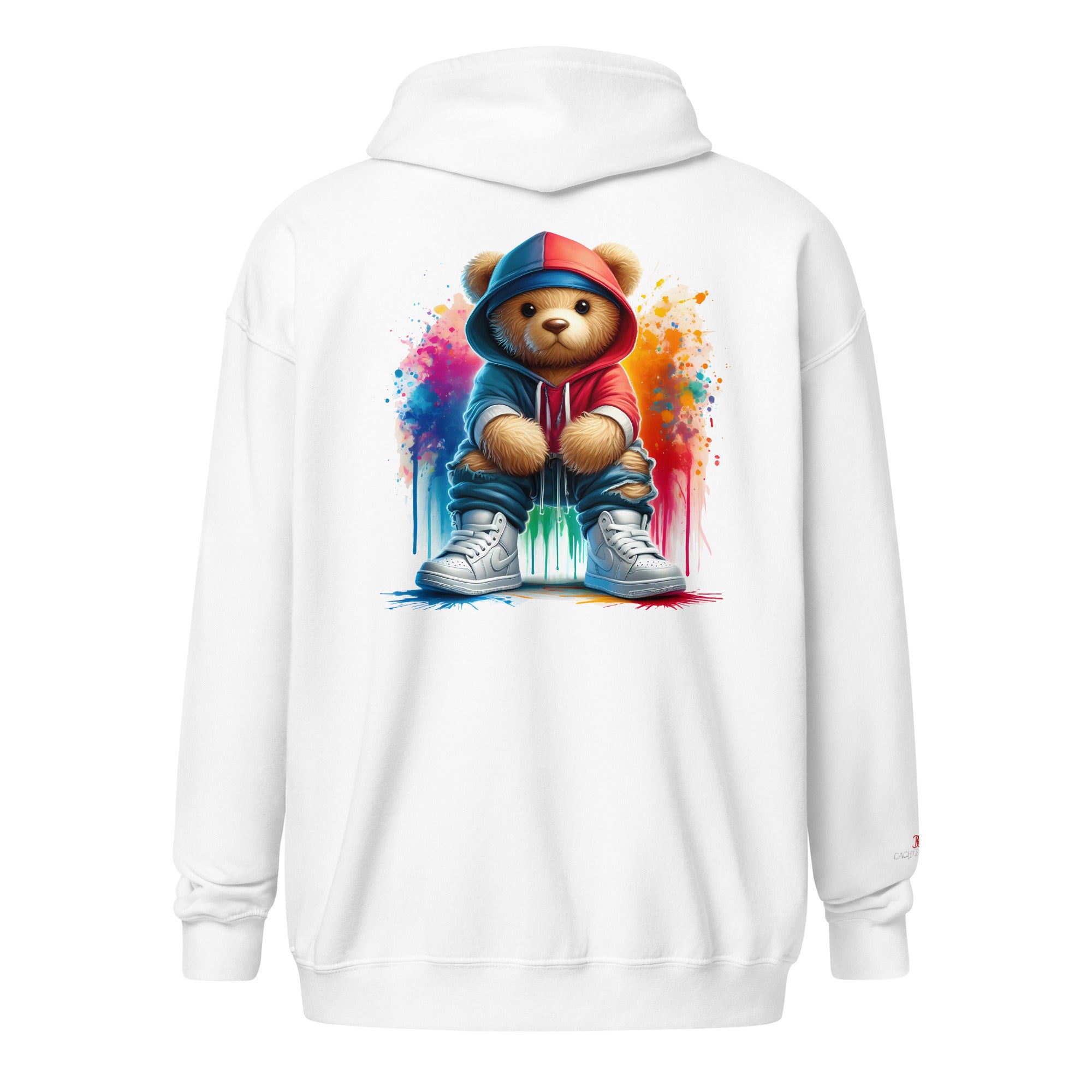 Cachy’s Urban white hoodie with streetwear teddy bear in red hoodie and sneakers graphic design on the back