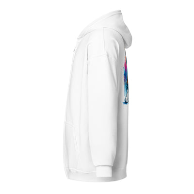 Cachy’s Urban white hoodie with streetwear teddy bear in red hoodie and sneakers graphic design on the back