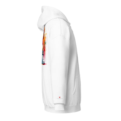 Cachy’s Urban white hoodie with streetwear teddy bear in red hoodie and sneakers graphic design on the back