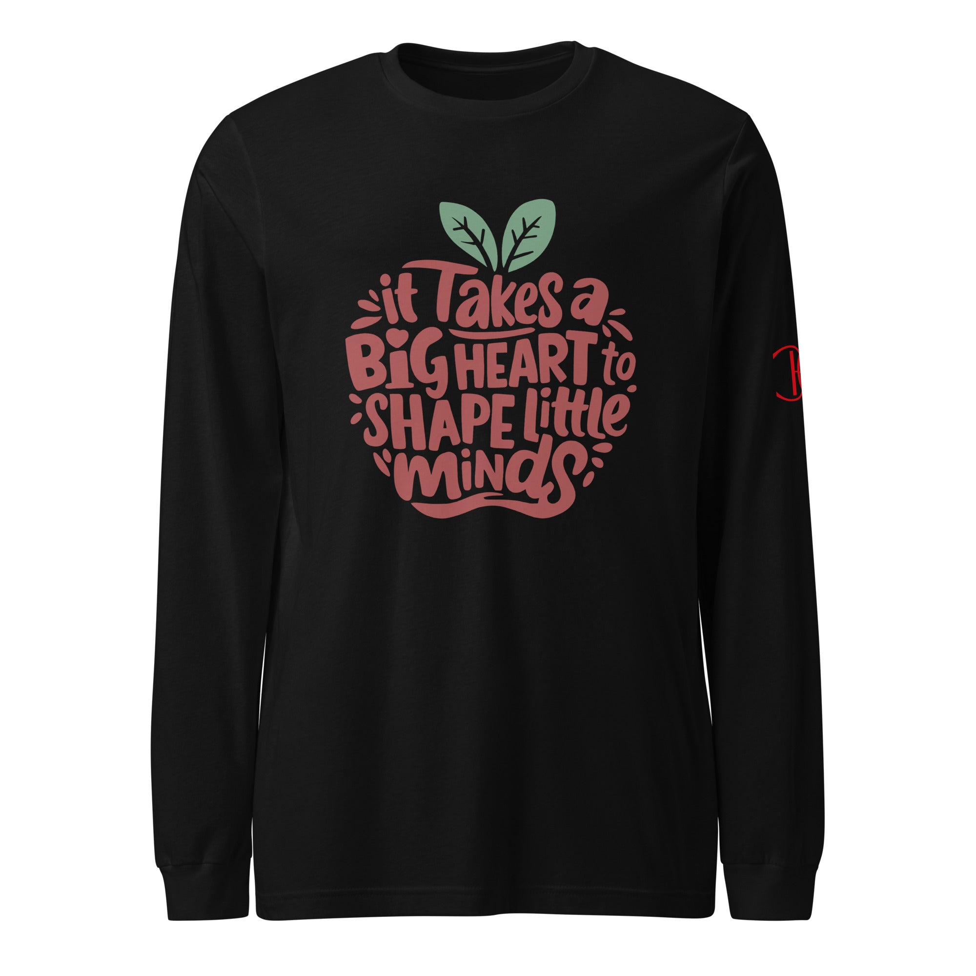 Cachy’s Urban white long-sleeve t-shirt with “It Takes a Big Heart to Shape Little Minds” apple graphic print, available in multiple colours