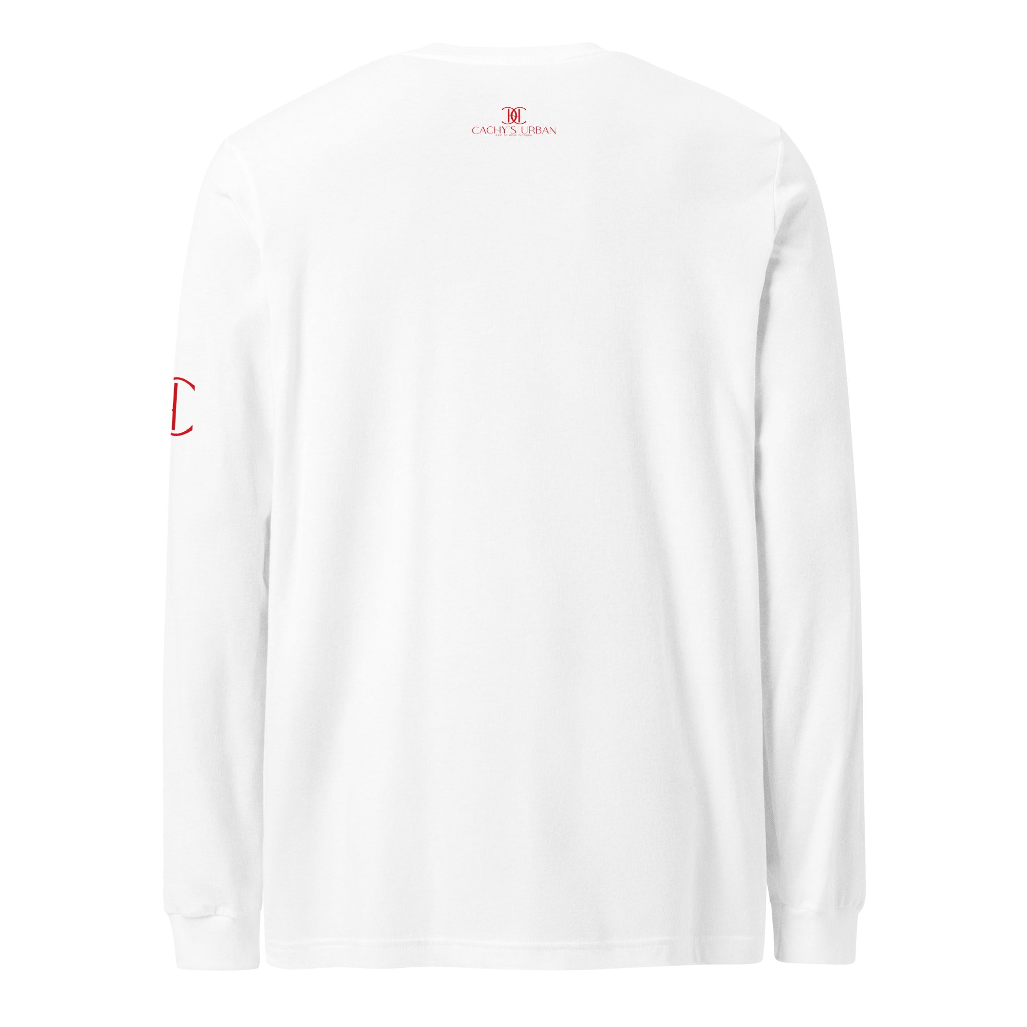 Cachy’s Urban white long-sleeve t-shirt with “It Takes a Big Heart to Shape Little Minds” apple graphic print, available in multiple colours