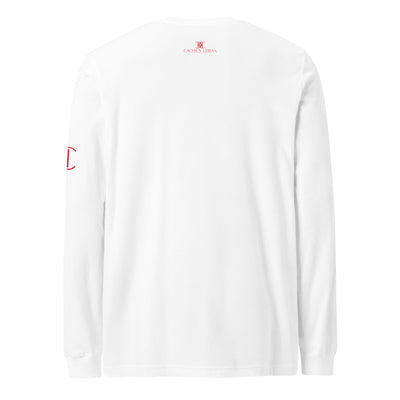 Cachy’s Urban white long-sleeve t-shirt with “It Takes a Big Heart to Shape Little Minds” apple graphic print, available in multiple colours