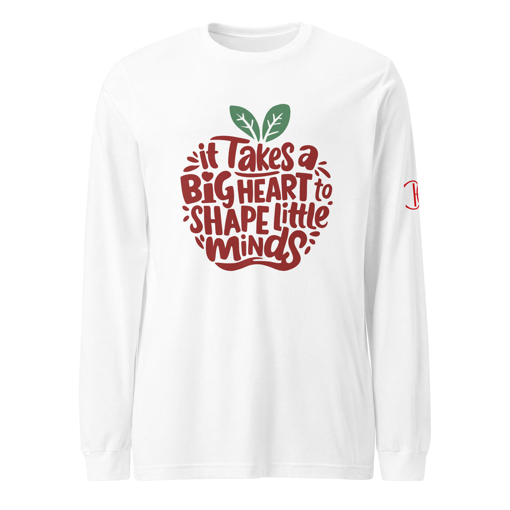 Cachy’s Urban white long-sleeve t-shirt with “It Takes a Big Heart to Shape Little Minds” apple graphic print, available in multiple colours