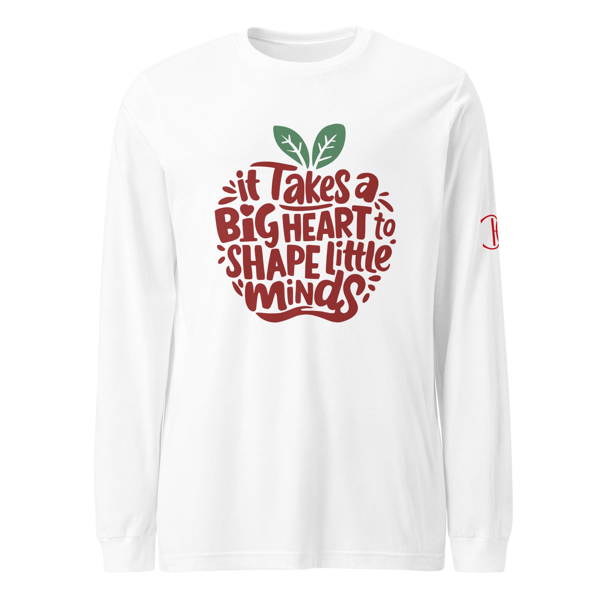 Cachy’s Urban white long-sleeve t-shirt with “It Takes a Big Heart to Shape Little Minds” apple graphic print, available in multiple colours