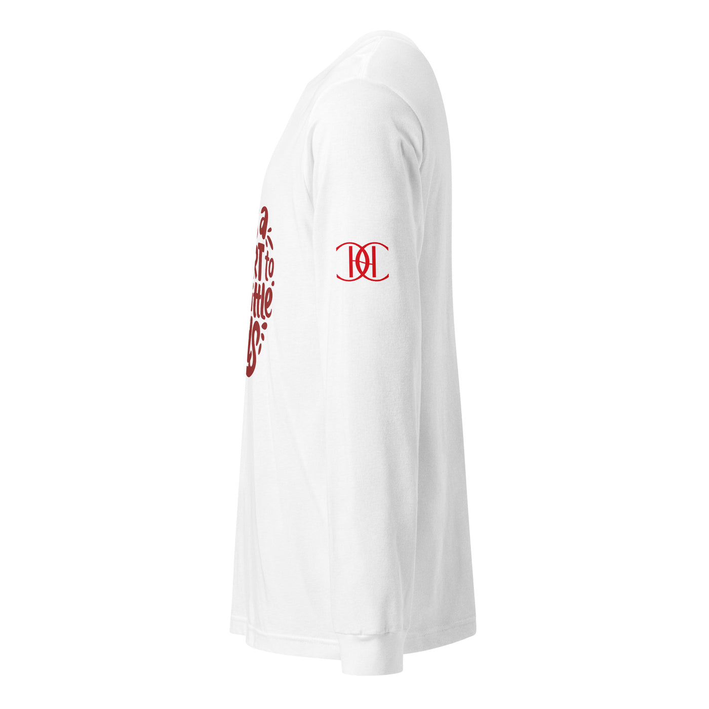 Cachy’s Urban white long-sleeve t-shirt with “It Takes a Big Heart to Shape Little Minds” apple graphic print, available in multiple colours