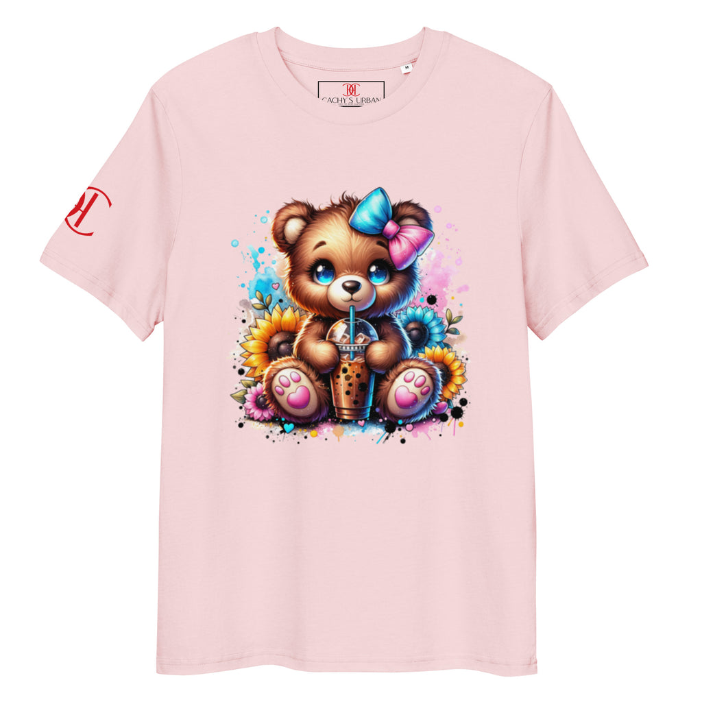 Cachy’s Urban pink t-shirt with cute teddy bear boba tea graphic and sunflower accents in colourful streetwear style