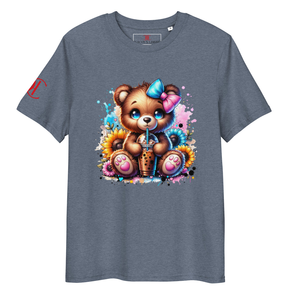 Cachy’s Urban t-shirt with cute teddy bear boba tea graphic and sunflower accents in colourful streetwear style