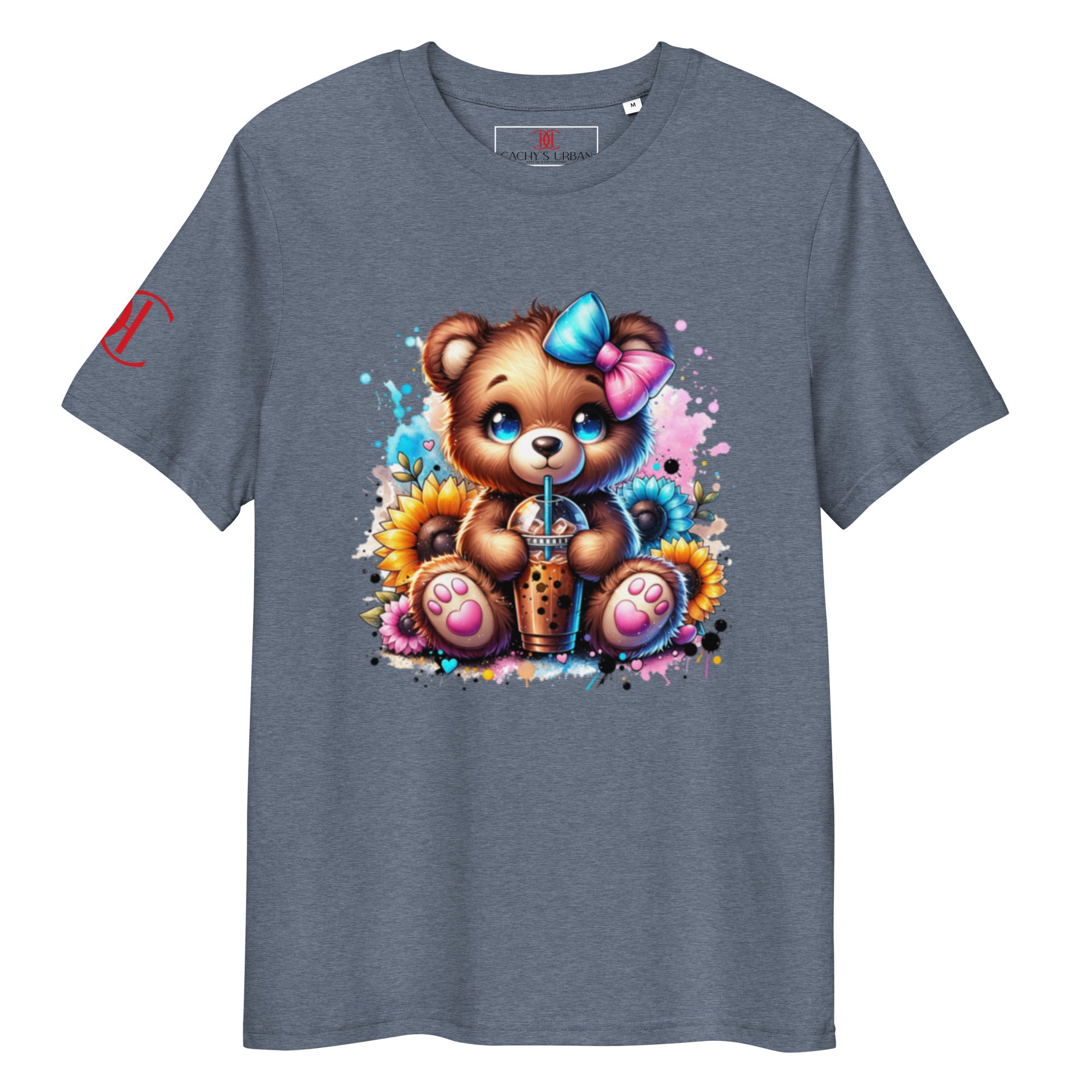 Cachy’s Urban t-shirt with cute teddy bear boba tea graphic and sunflower accents in colourful streetwear style