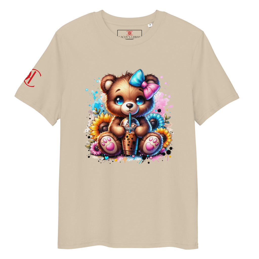 Cachy’s Urban t-shirt with cute teddy bear boba tea graphic and sunflower accents in colourful streetwear style