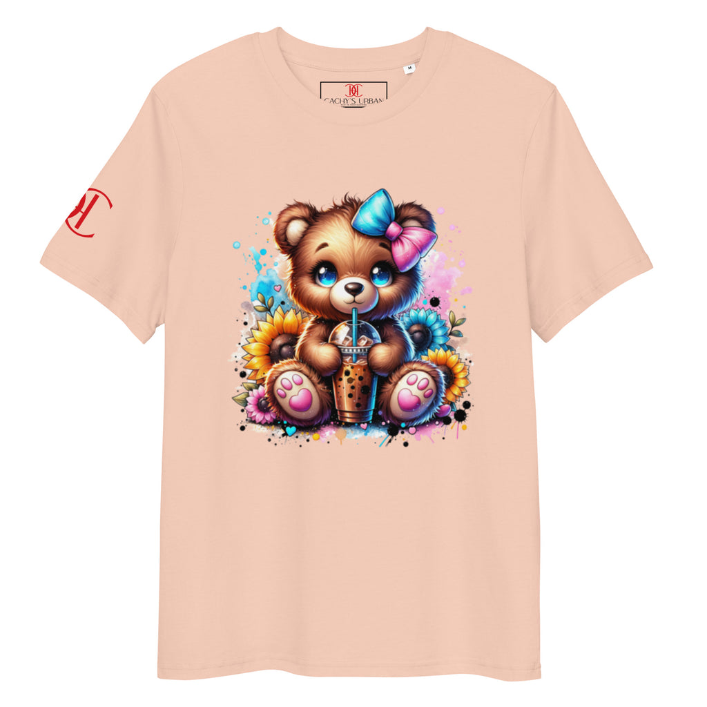 Cachy’s Urban t-shirt with cute teddy bear boba tea graphic and sunflower accents in colourful streetwear style