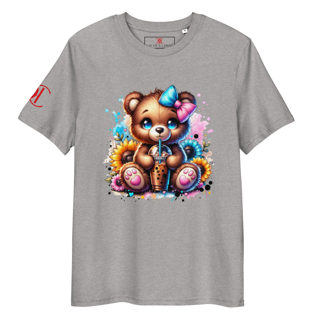 Cachy’s Urban t-shirt with cute teddy bear boba tea graphic and sunflower accents in colourful streetwear style