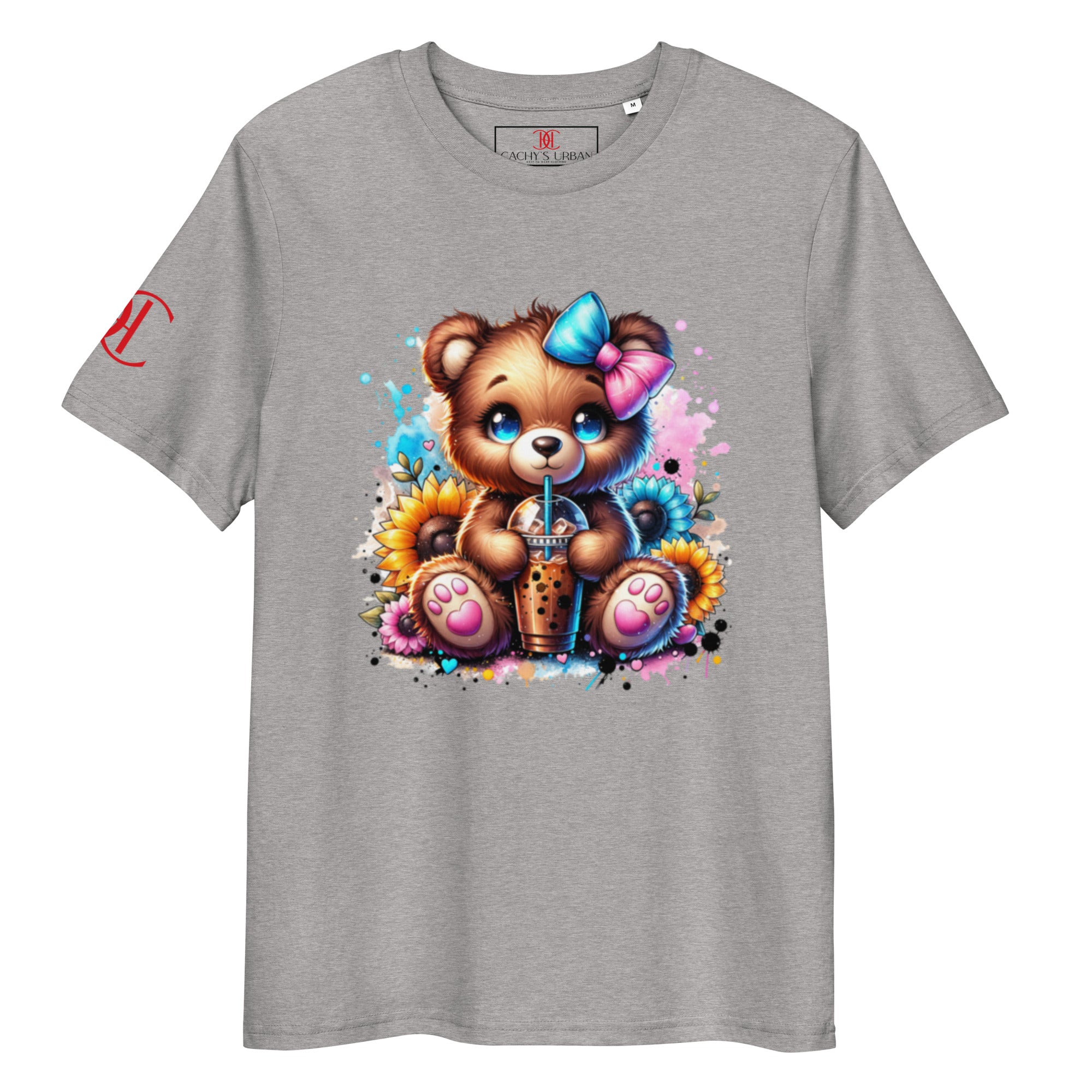 Cachy’s Urban t-shirt with cute teddy bear boba tea graphic and sunflower accents in colourful streetwear style