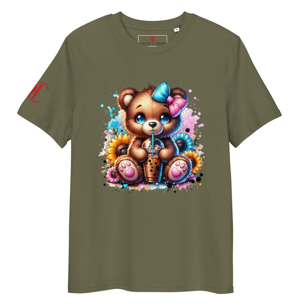 Cachy’s Urban t-shirt with cute teddy bear boba tea graphic and sunflower accents in colourful streetwear style