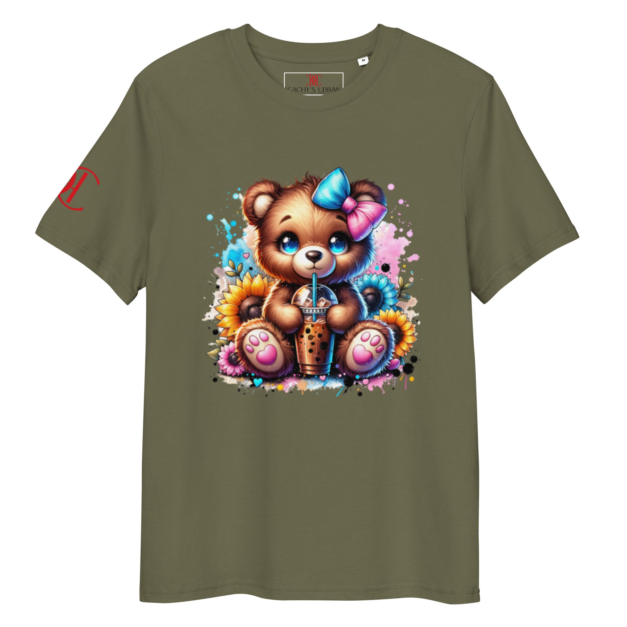 Cachy’s Urban t-shirt with cute teddy bear boba tea graphic and sunflower accents in colourful streetwear style