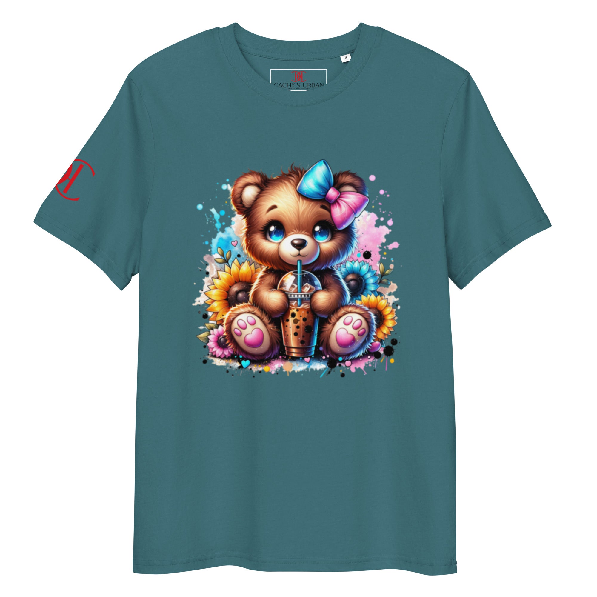 Cachy’s Urban t-shirt with cute teddy bear boba tea graphic and sunflower accents in colourful streetwear style