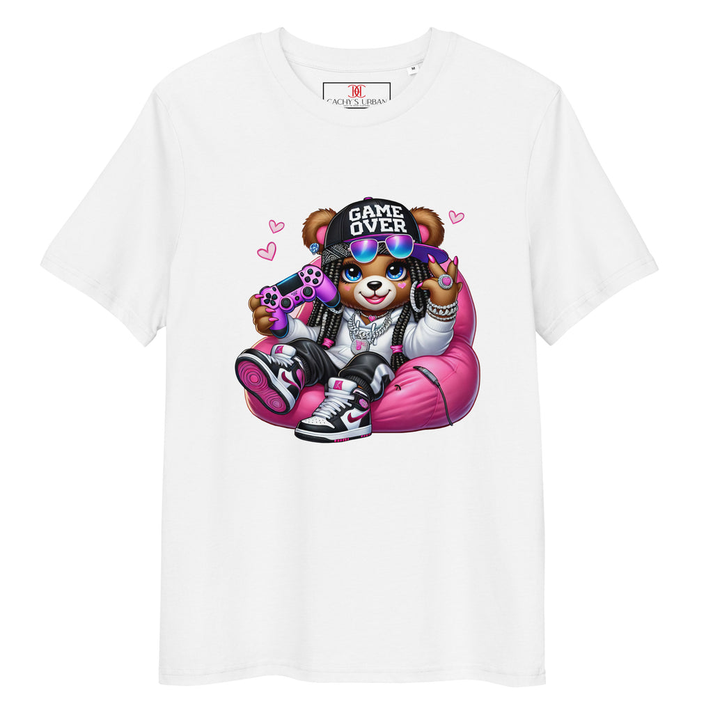 Cachy’s Urban white t-shirt with gamer bear “Game Over” graphic print in urban streetwear style
