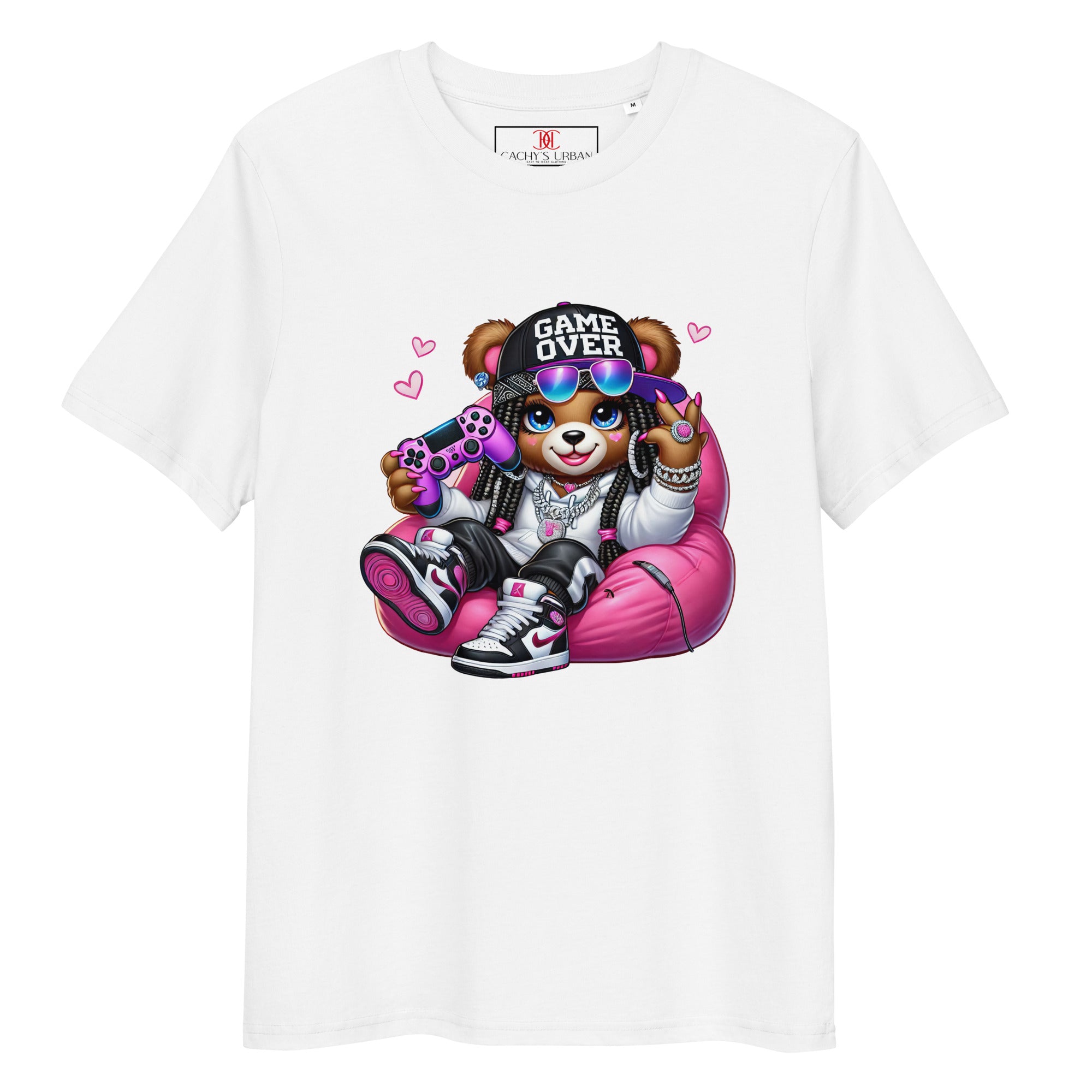 Cachy’s Urban white t-shirt with gamer bear “Game Over” graphic print in urban streetwear style