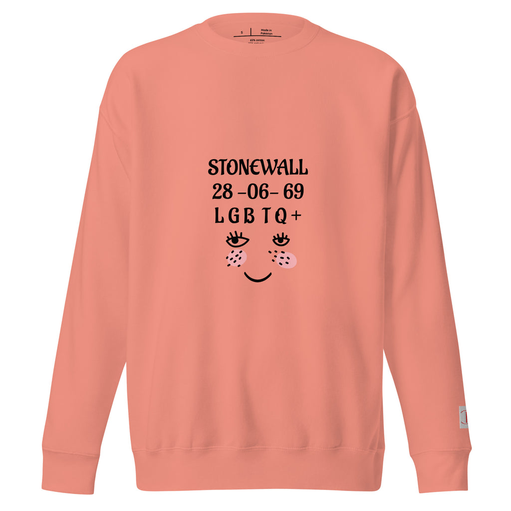 Cachy’s Urban sweatshirt with “Stonewall 28-06-69 LGBTQ+” graphic and smiley face design, available in multiple colours