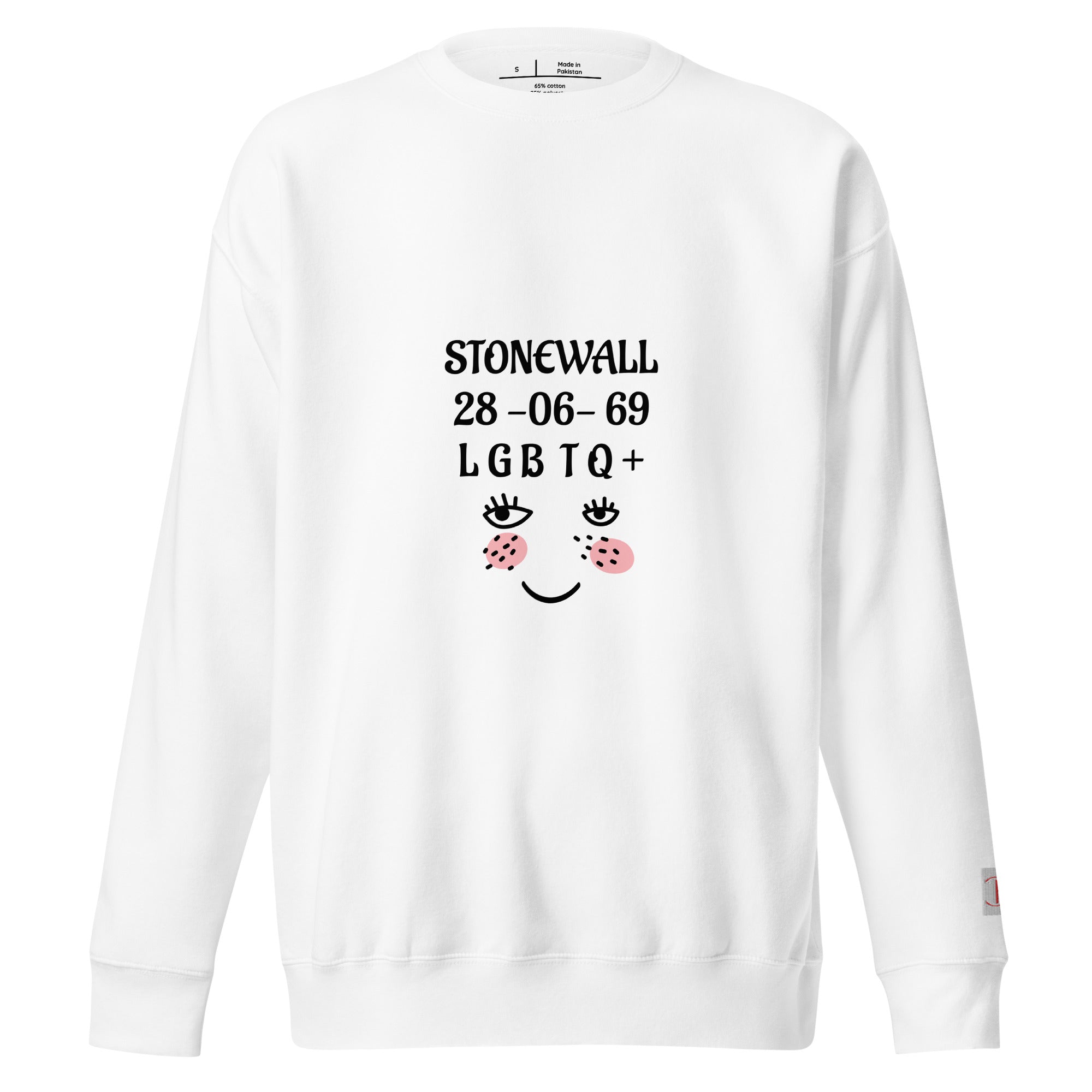 Cachy’s Urban sweatshirt with “Stonewall 28-06-69 LGBTQ+” graphic and smiley face design, available in multiple colours