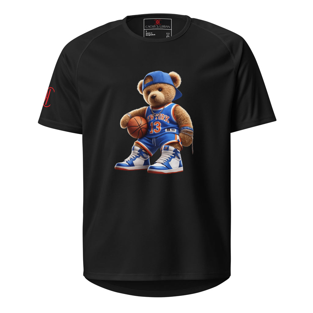 Cachy’s Urban sports t-shirt with basketball teddy bear graphic in New York jersey and sneakers design