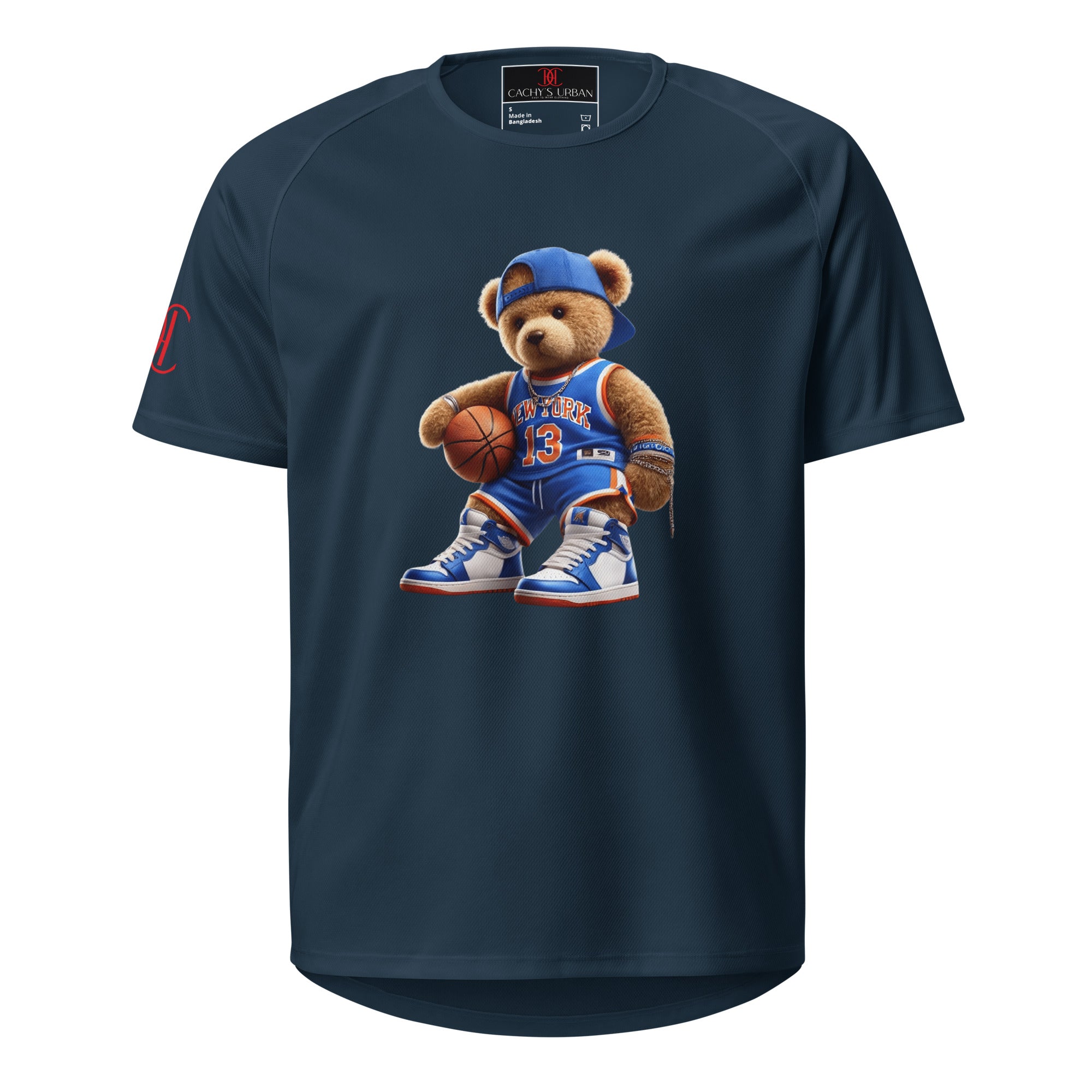 Cachy’s Urban navy sports t-shirt with basketball teddy bear graphic in New York jersey and sneakers design