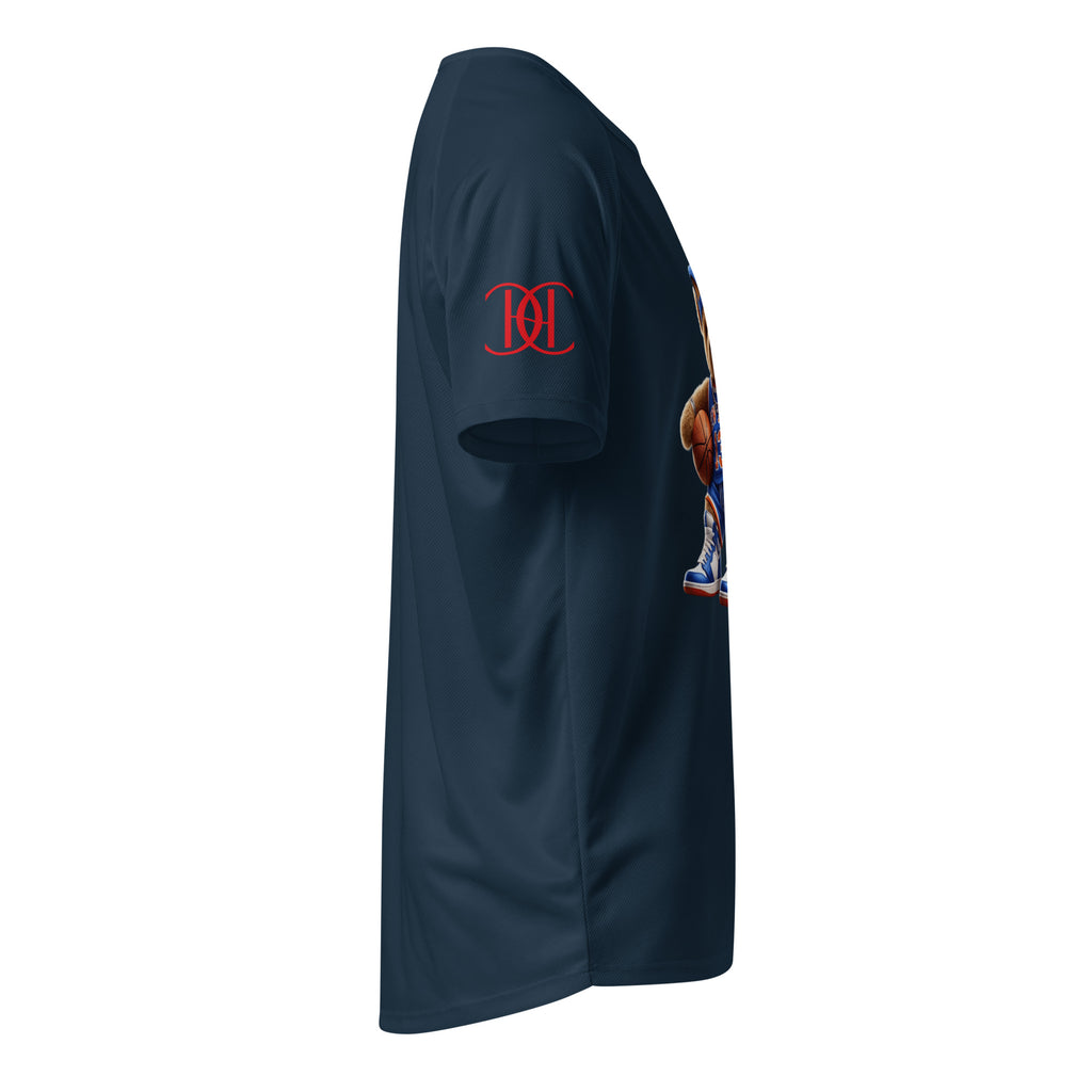 Cachy’s Urban navy sports t-shirt with basketball teddy bear graphic in New York jersey and sneakers design