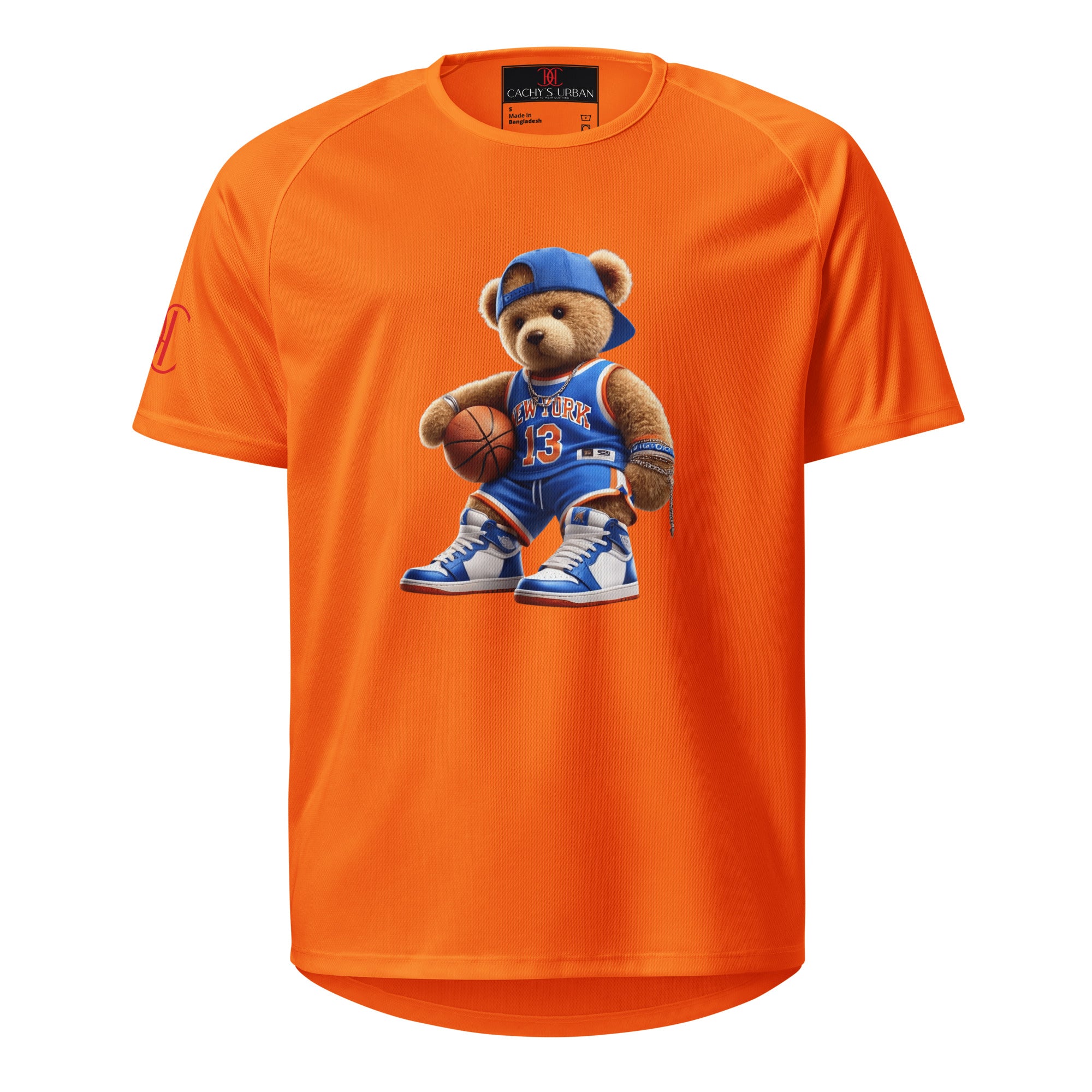 Cachy’s Urban sports t-shirt with basketball teddy bear graphic in New York jersey and sneakers design
