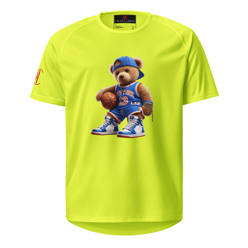 Cachy’s Urban sports t-shirt with basketball teddy bear graphic in New York jersey and sneakers design
