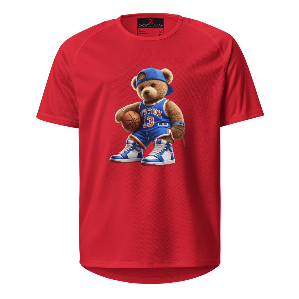 Cachy’s Urban sports t-shirt with basketball teddy bear graphic in New York jersey and sneakers design