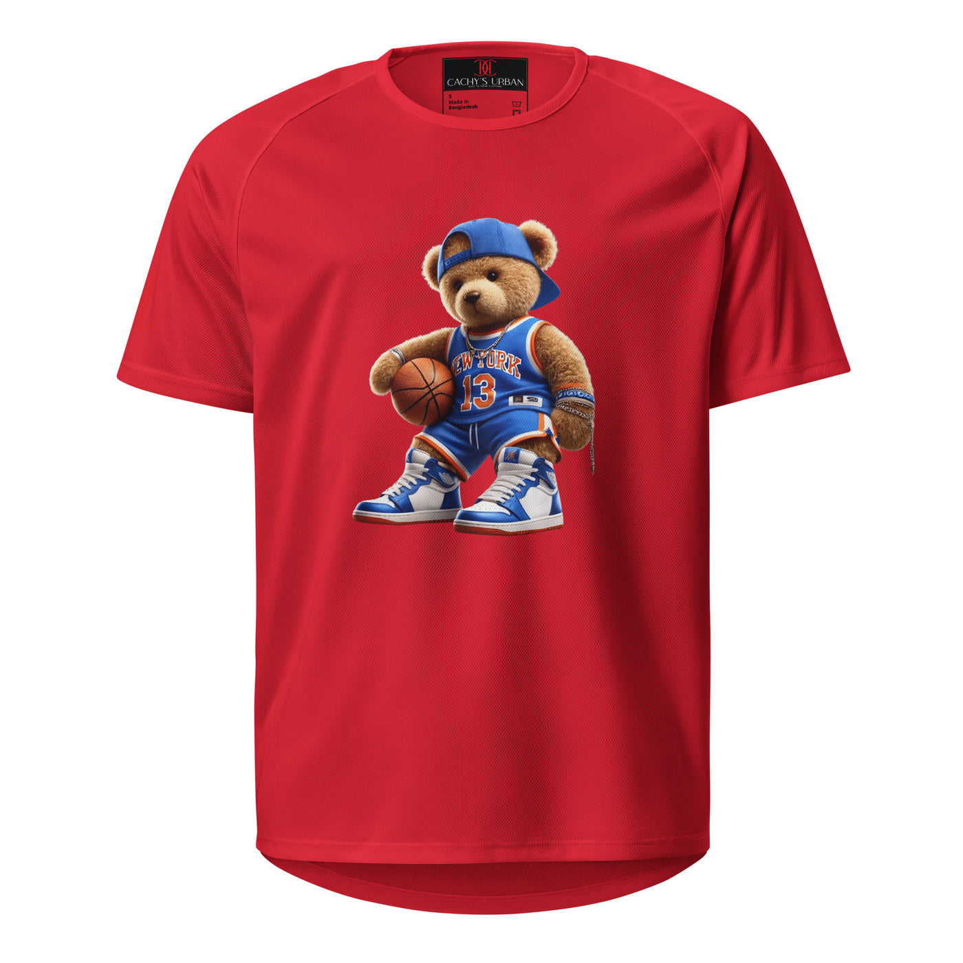 Cachy’s Urban sports t-shirt with basketball teddy bear graphic in New York jersey and sneakers design