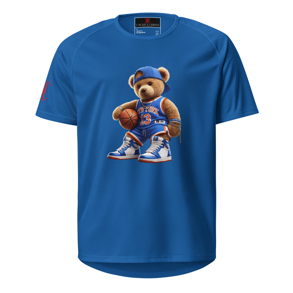 Cachy’s Urban sports t-shirt with basketball teddy bear graphic in New York jersey and sneakers design