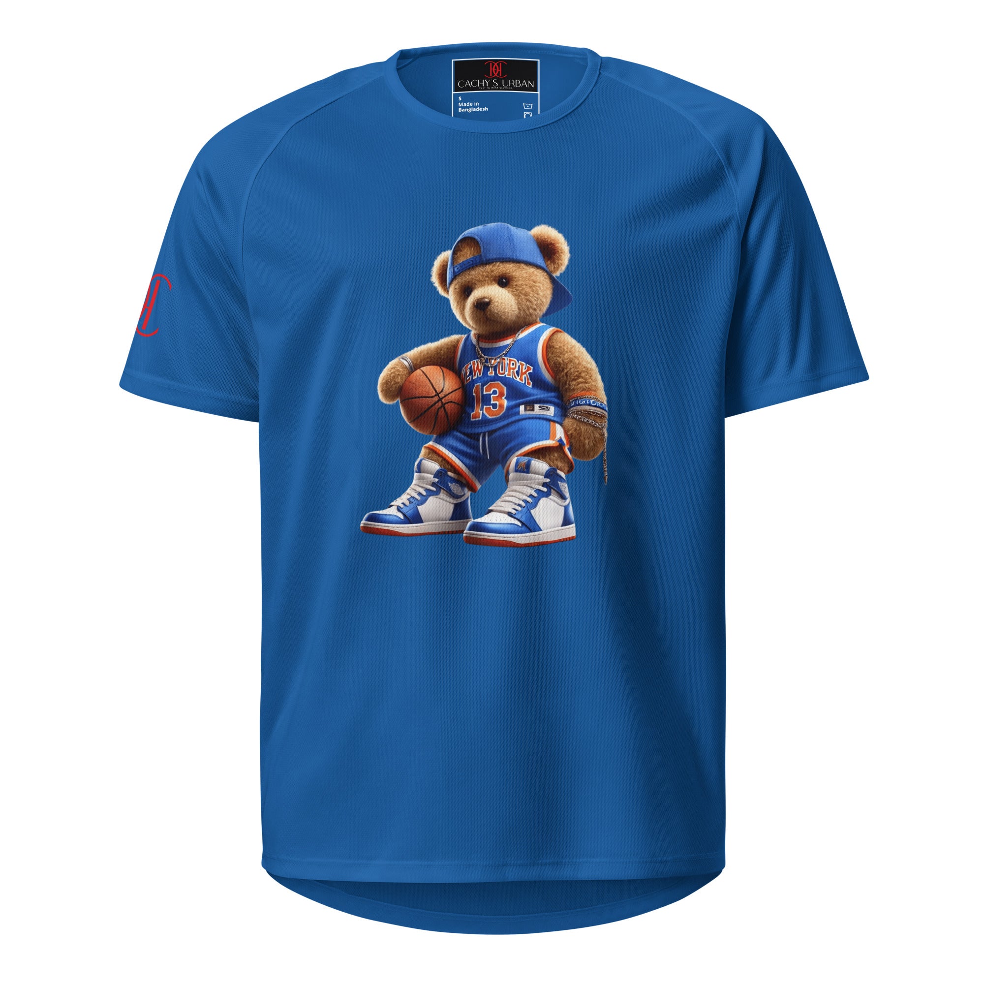 Cachy’s Urban sports t-shirt with basketball teddy bear graphic in New York jersey and sneakers design