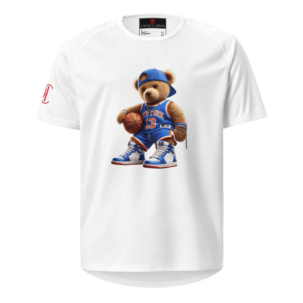 Cachy’s Urban white sports t-shirt with basketball teddy bear graphic in New York jersey and sneakers design