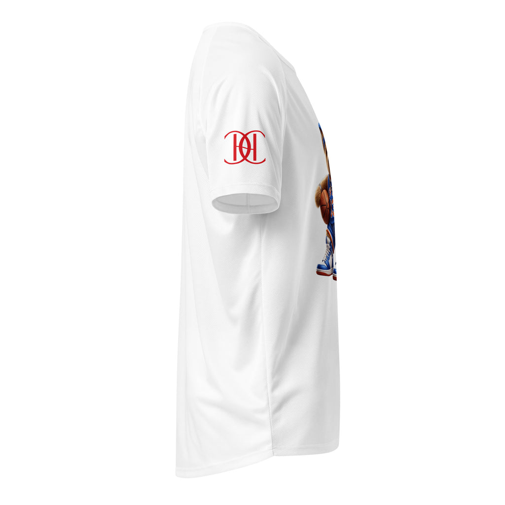 Cachy’s Urban white sports t-shirt with basketball teddy bear graphic in New York jersey and sneakers design