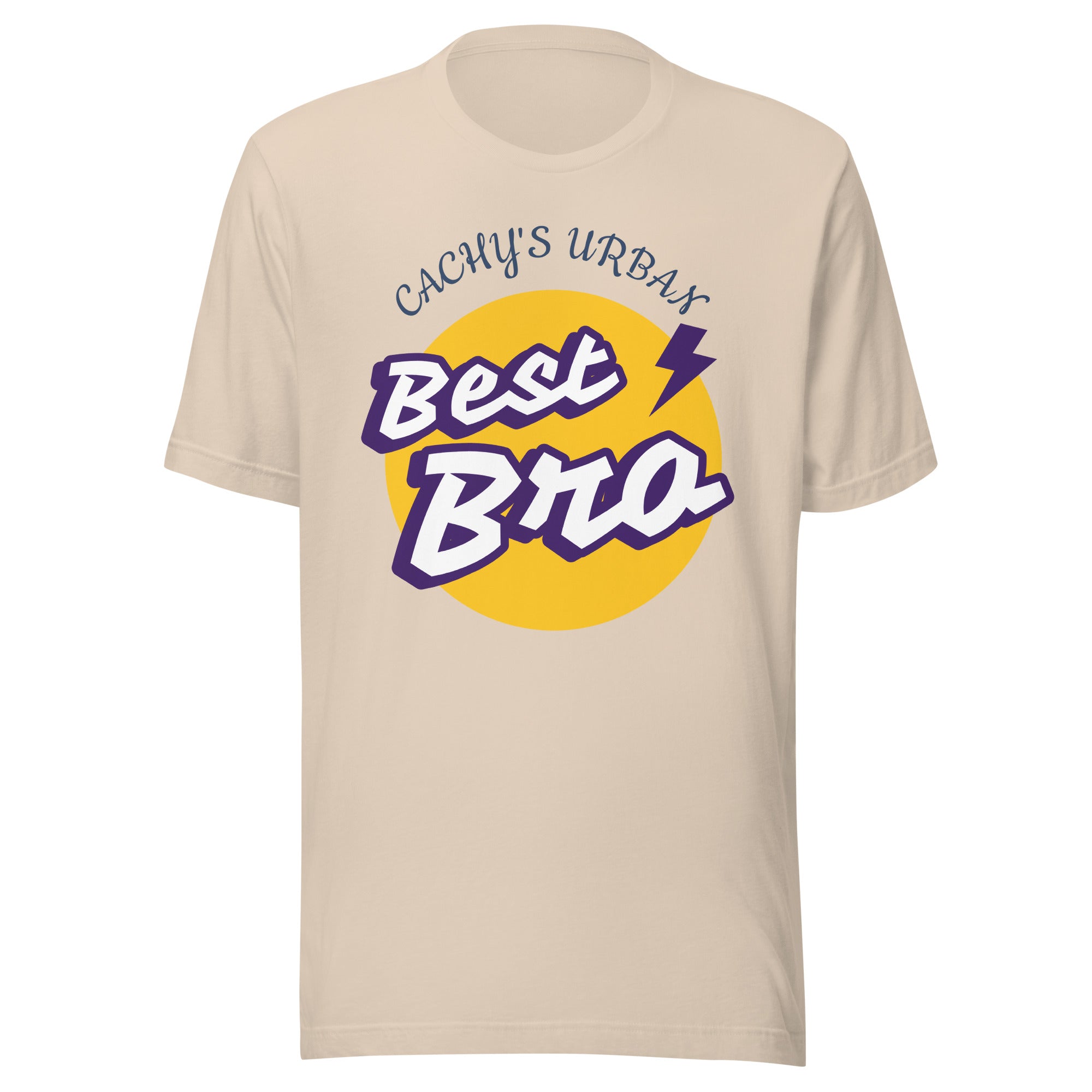 Cachy’s Urban brown t-shirt with “Best Bro” graphic print in yellow and purple urban streetwear style