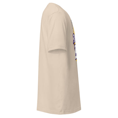 Cachy’s Urban brown t-shirt with “Best Bro” graphic print in yellow and purple urban streetwear style