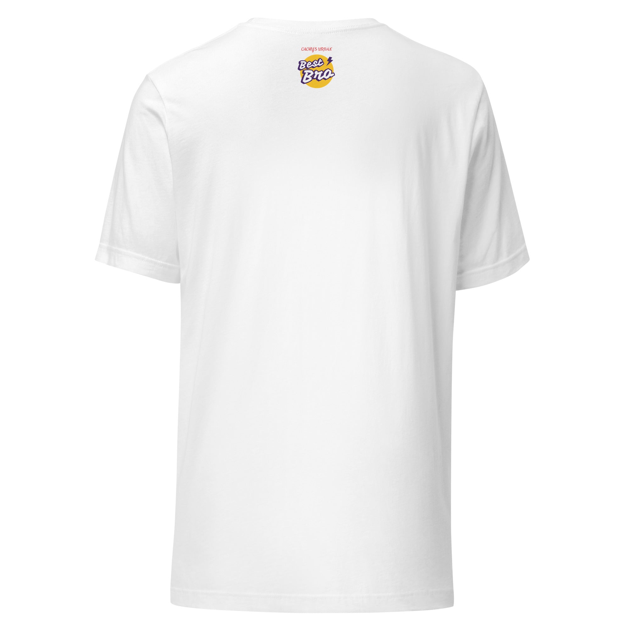 Cachy’s Urban white t-shirt with “Best Bro” graphic print in yellow and purple urban streetwear style