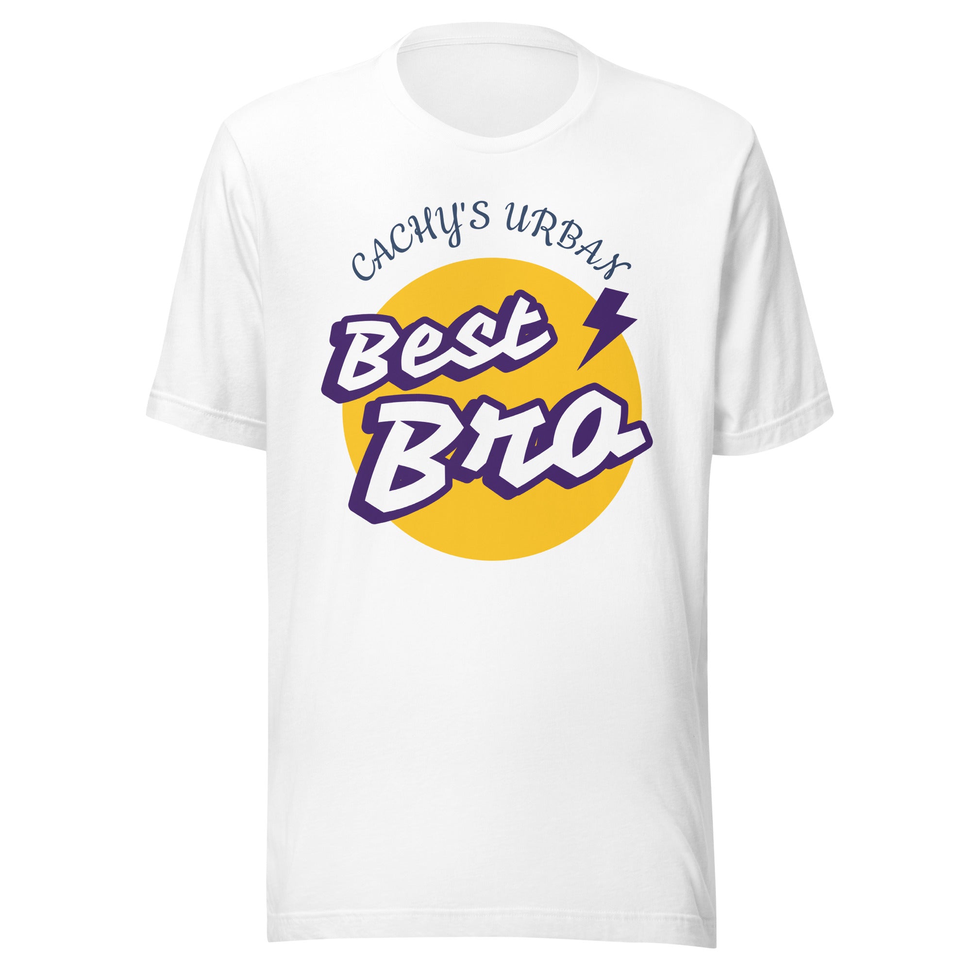 Cachy’s Urban white t-shirt with “Best Bro” graphic print in yellow and purple urban streetwear style